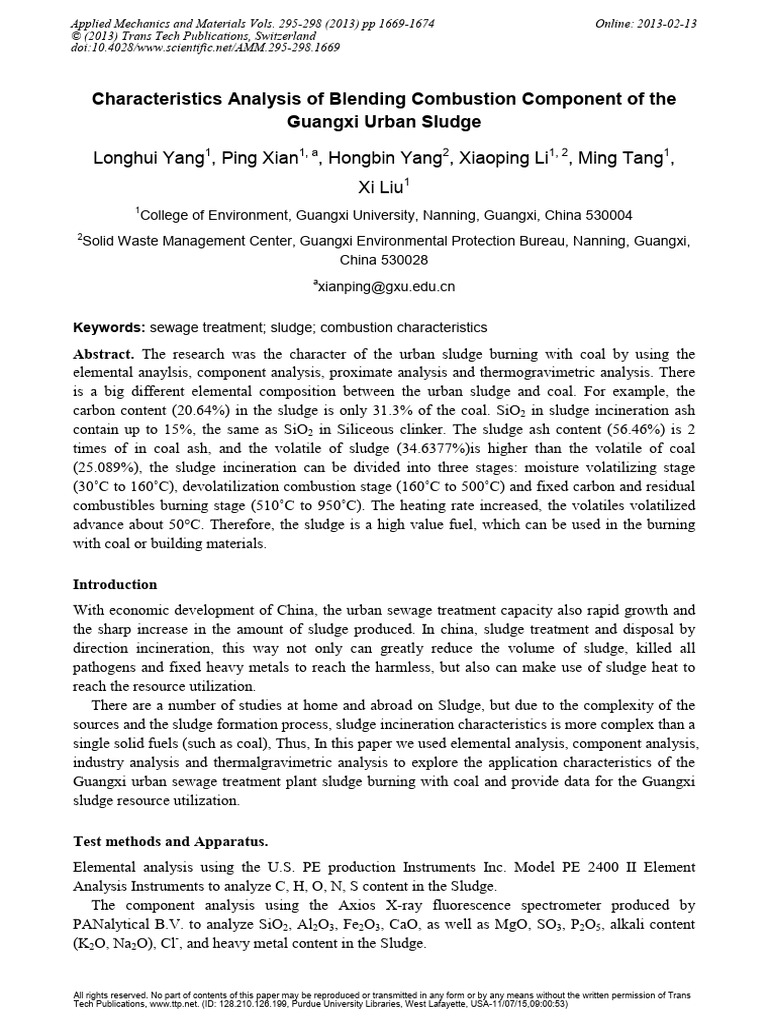 Guangxi Urban Sludge Combustion Analysis | PDF | Combustion | Coal