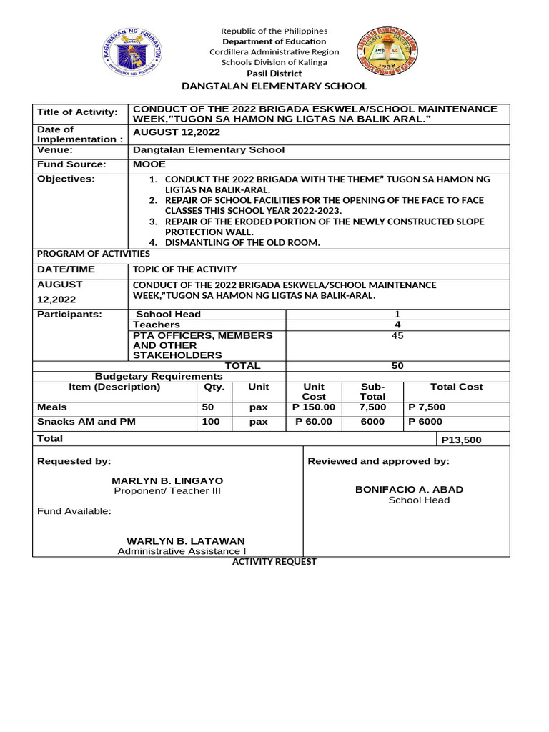 Activity Request Table of Specification | PDF