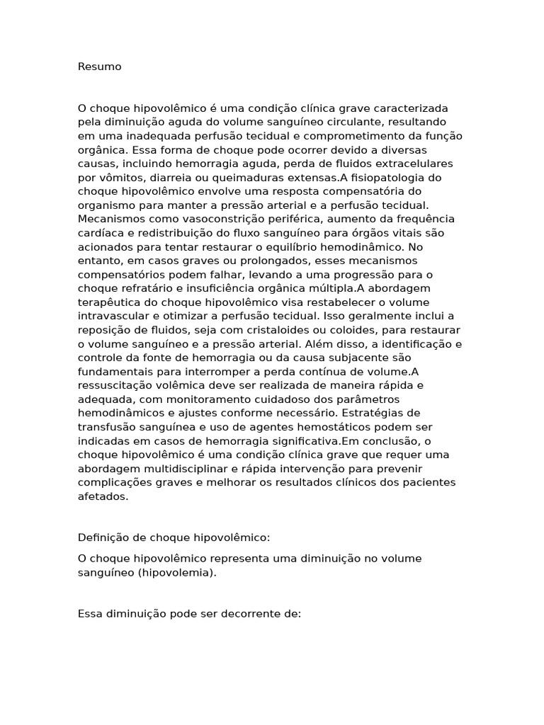 Fisiopatologia do Choque Hipovolêmico | PDF | Choque (circulatório ...
