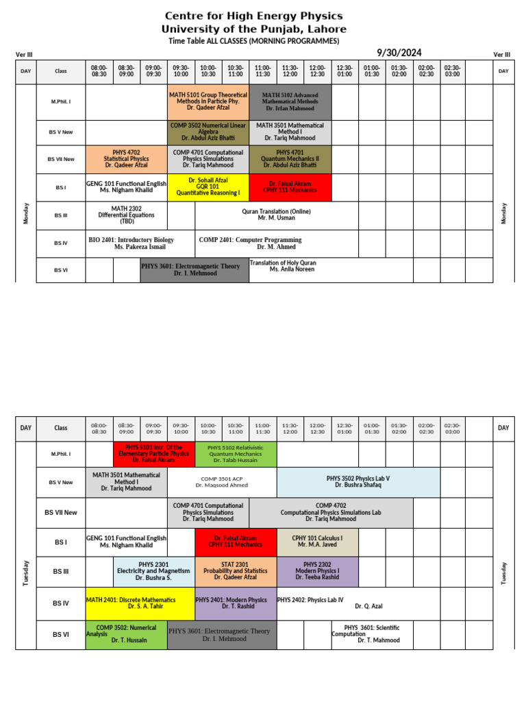 Time Table Fall 2024. V-III 30.09.2024 | PDF | Mathematics | Physics