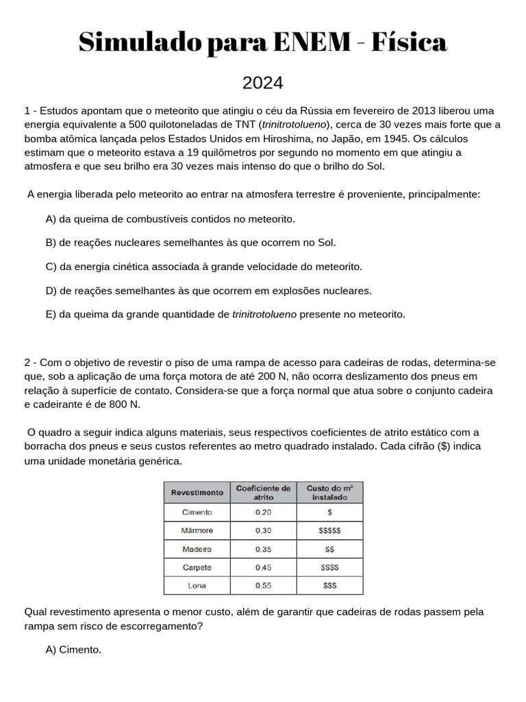 Simulado ENEM 2024: Questões de Física | PDF | Fibra ótica | Armas ...