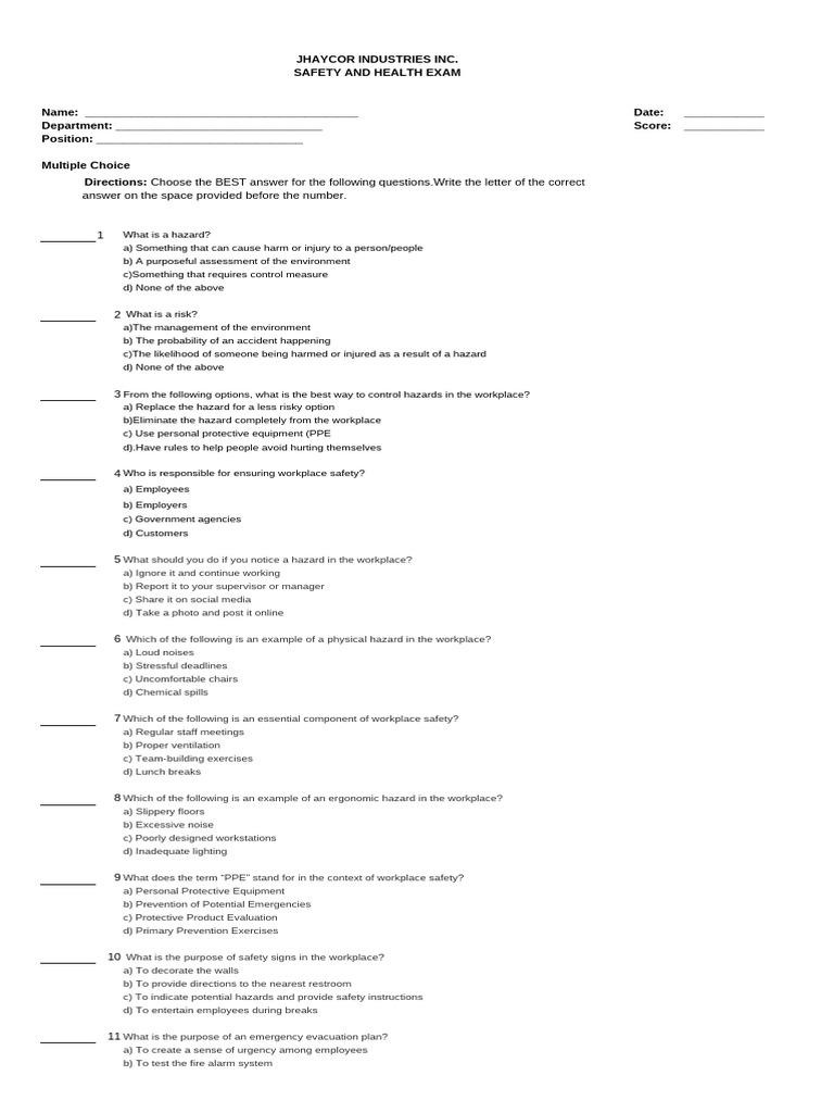 Safety and Health Exam Final | PDF | Occupational Safety And Health ...