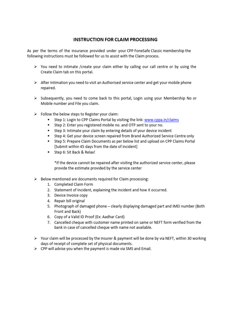 CPP Claim Process Instructions | PDF