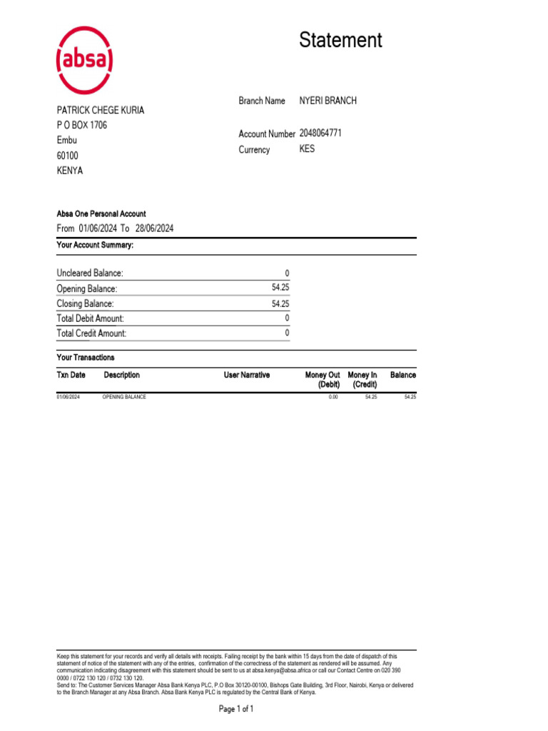 Statement nyeri branch branch name pobox1706 patrick chege kuria pdf