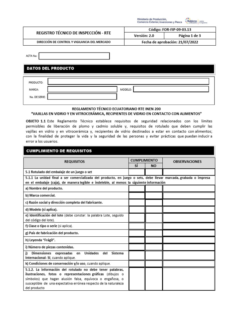 Inspección RTE 200: Vajillas y Recipientes | PDF | Lentes