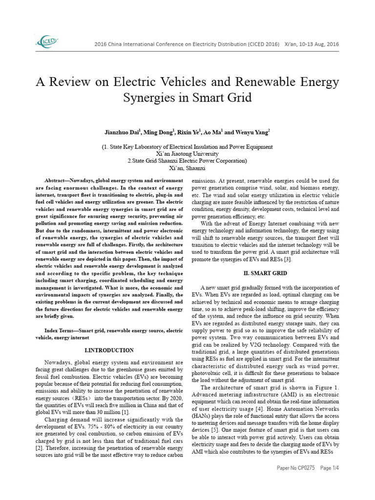 A Review On Electric Vehicles and Renewable Energy Synergies in Smart ...