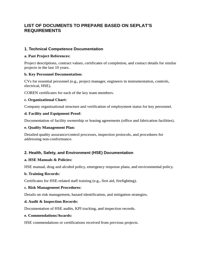 List of Documents To Prepare Based On Seplat's Requirements | PDF ...
