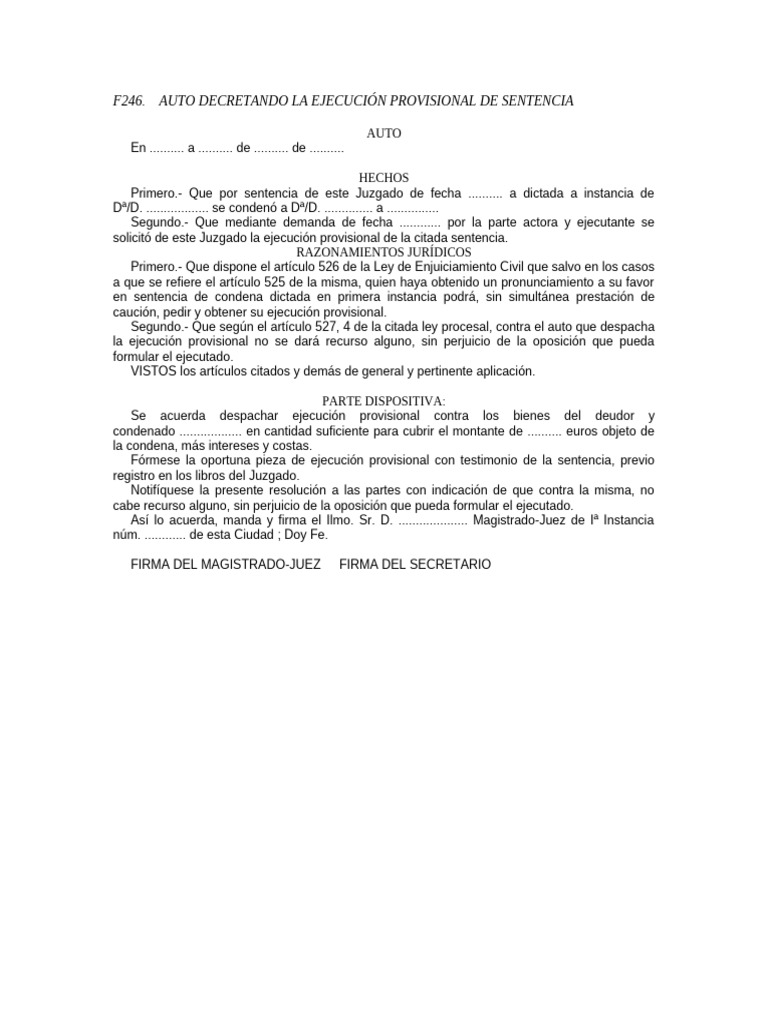 F246. Auto Decretando La Ejecución Provisional de Sentencia | PDF ...