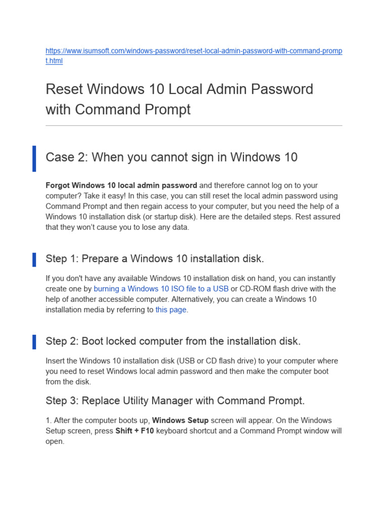 Reset Windows 10 Admin Password Guide | PDF | Windows 10 | Command Line ...