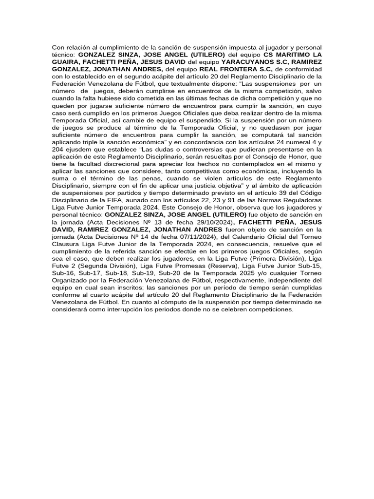 Sanciones y Cumplimiento en Fútbol Venezolano | PDF