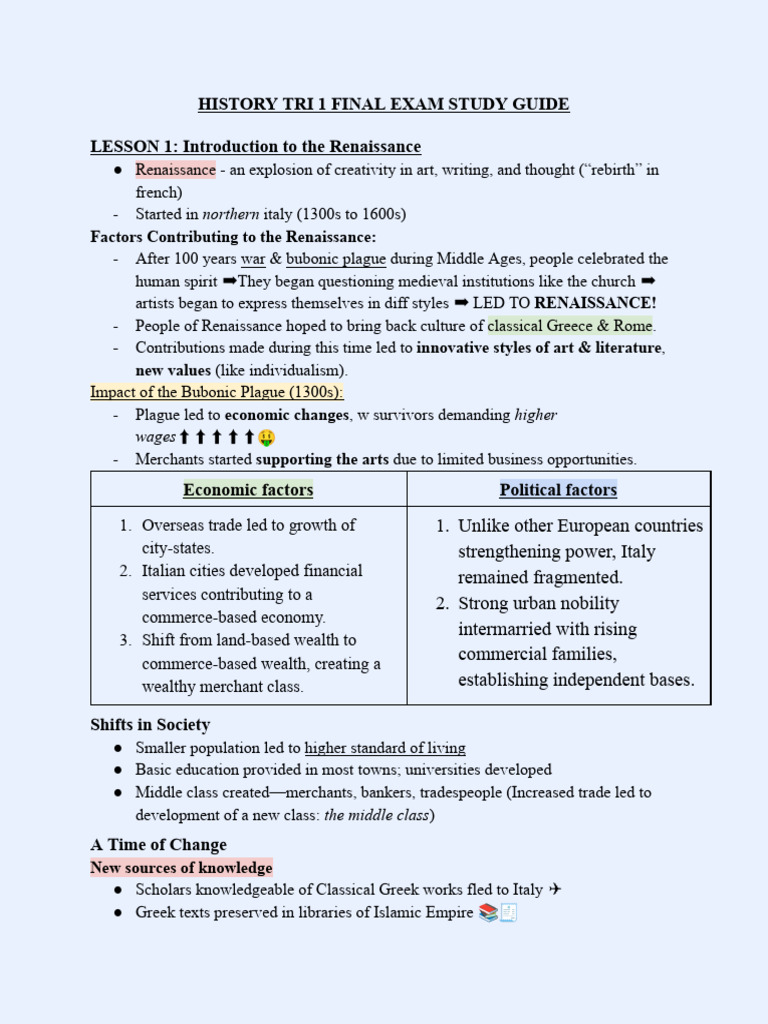 History TRI 1 Final Exam Study Guide | PDF | Renaissance | Italian ...