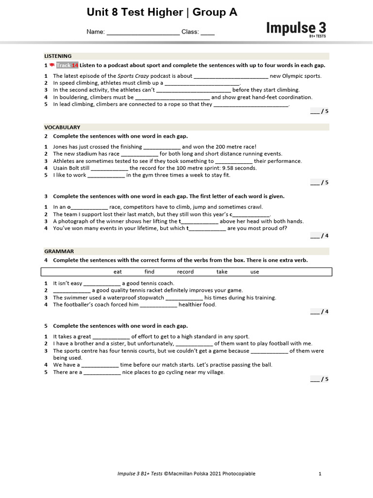 Unit 8 Test Higher A Pdf Swimming Sport Track And Field