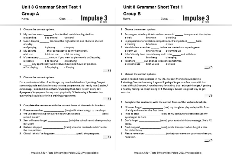 Unit 8 Grammar Short Test 1 A+b | PDF