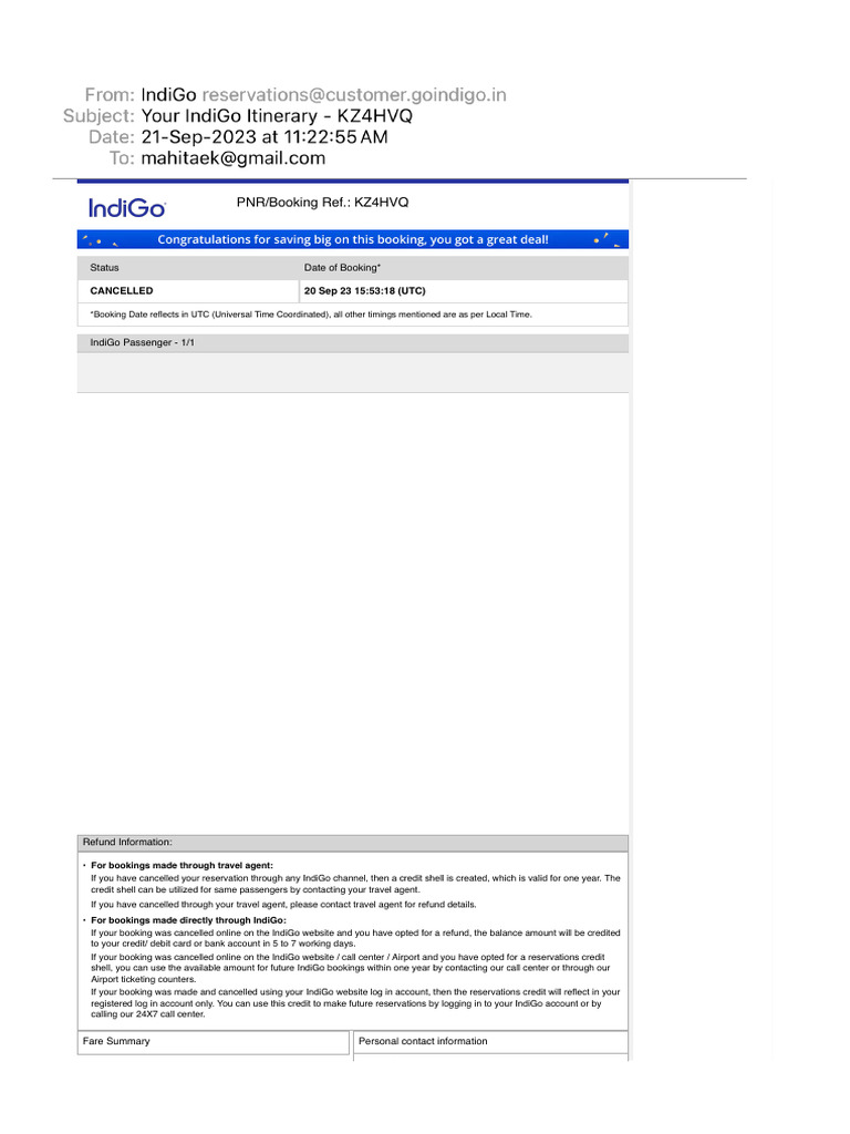 Your IndiGo Itinerary - KZ4HVQ | PDF