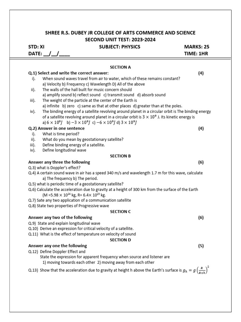 Physics Unit Test for XI Students 2023-24 | PDF | Waves | Sound