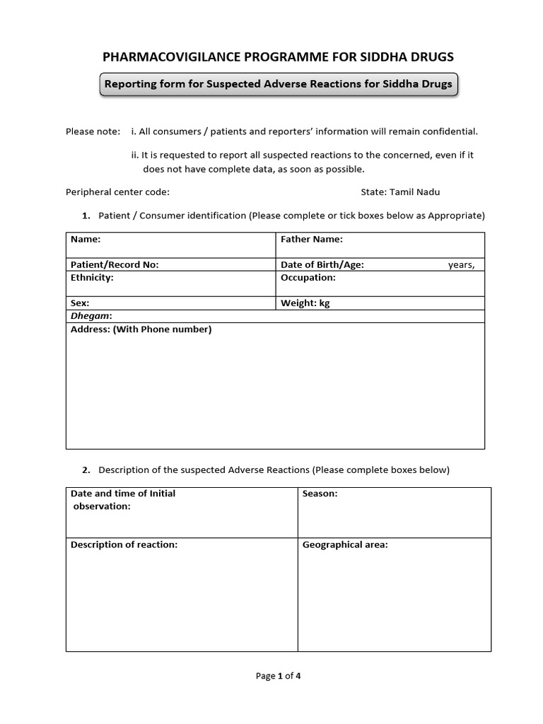 Siddha Drugs Adverse Reaction Report Form | PDF | Pharmacovigilance ...