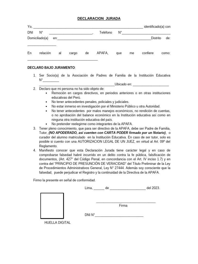 11 - Declaracion Jurada | PDF | Documento de identidad | Justicia