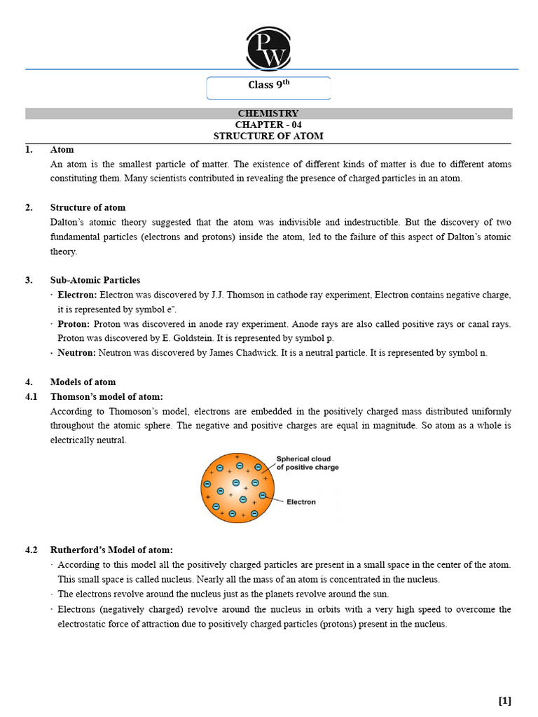 Structure of Atom _ Short Notes | PDF | Atoms | Atomic Nucleus