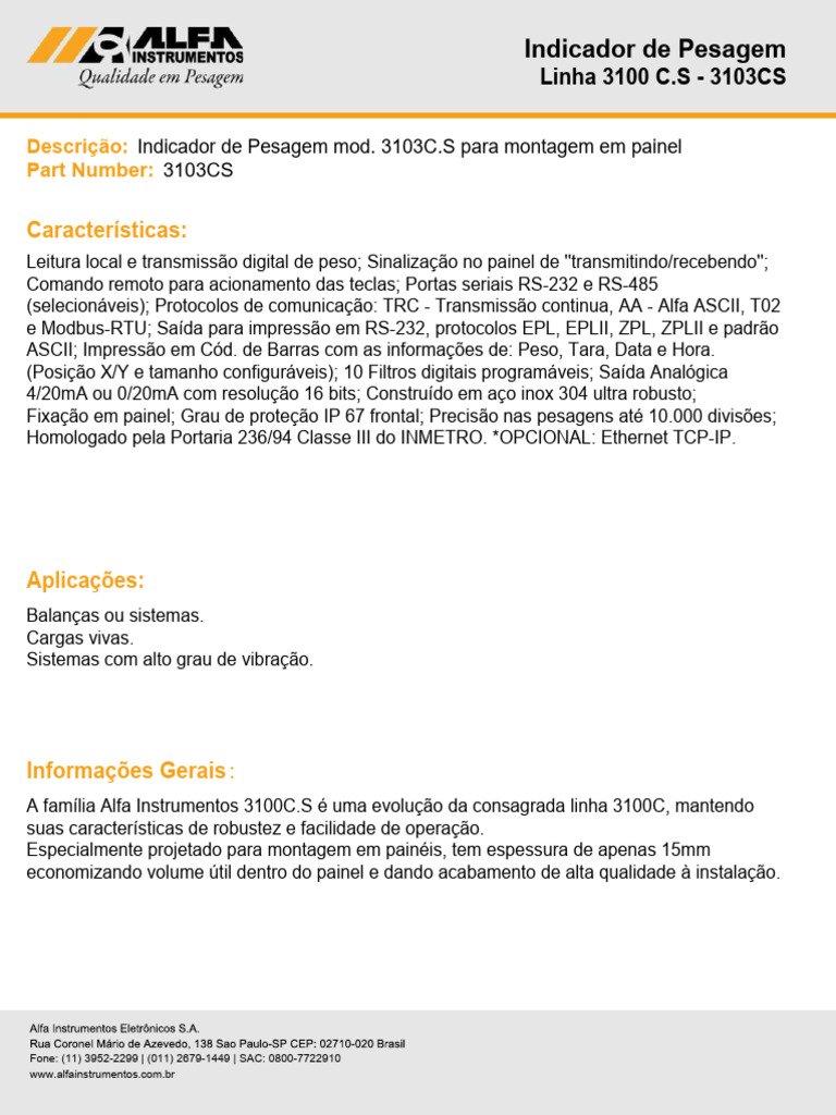Indicador de Pesagem 3103C.S: Especificações | PDF | Eletrônicos ...