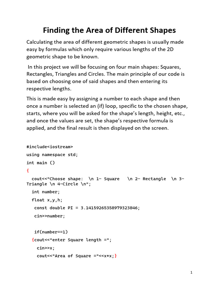Finding The Area of Different Shapes (Using C++) | PDF image.