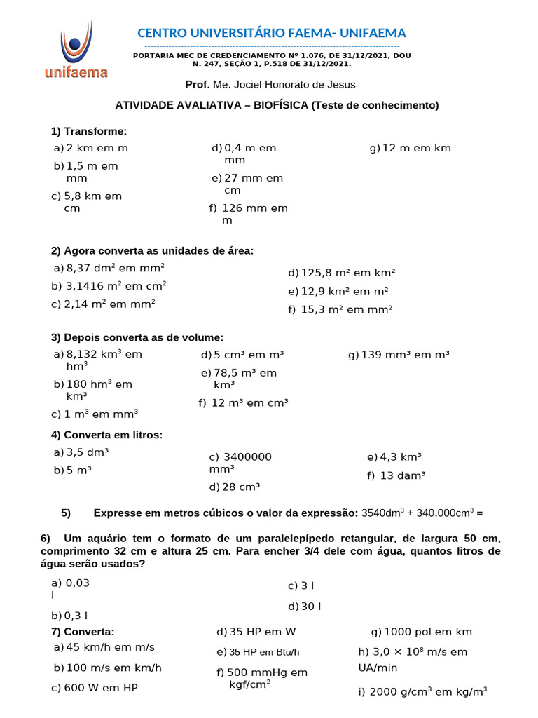 Lista de Exercícios - Conversão de Medidas | PDF | Unidades de medida ...