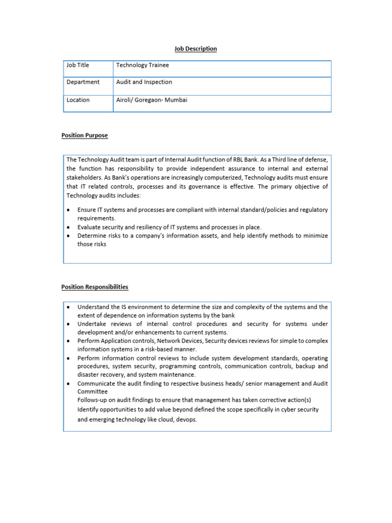 Technology Trainee Job Description | PDF | Computers