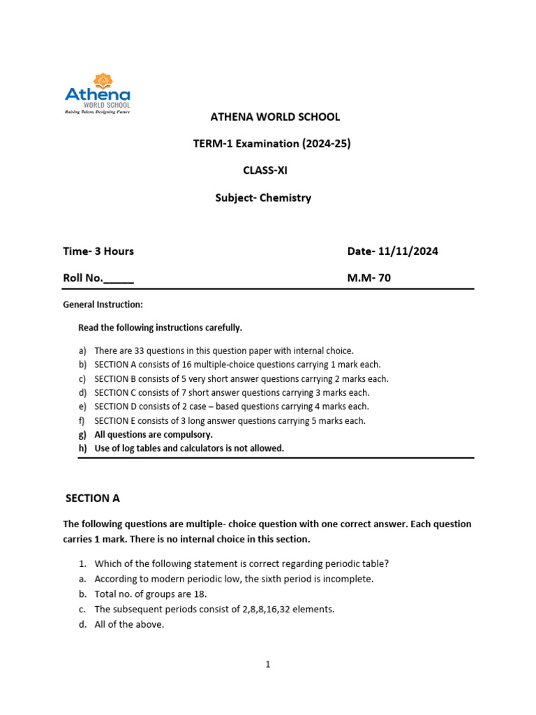 Chemistry Exam Paper for Class XI | PDF | Atoms | Atomic Nucleus
