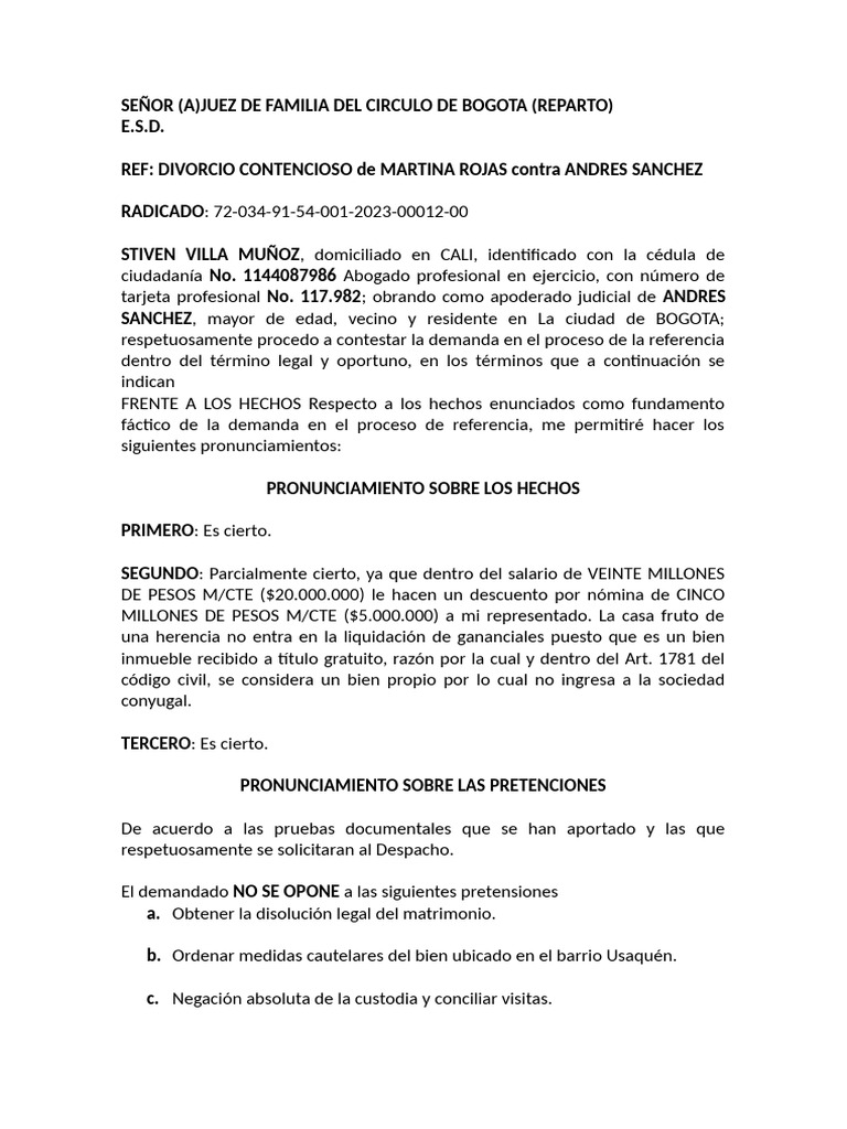 Contestacion Demanda de Familia Stiven Villa | PDF | Pensión ...