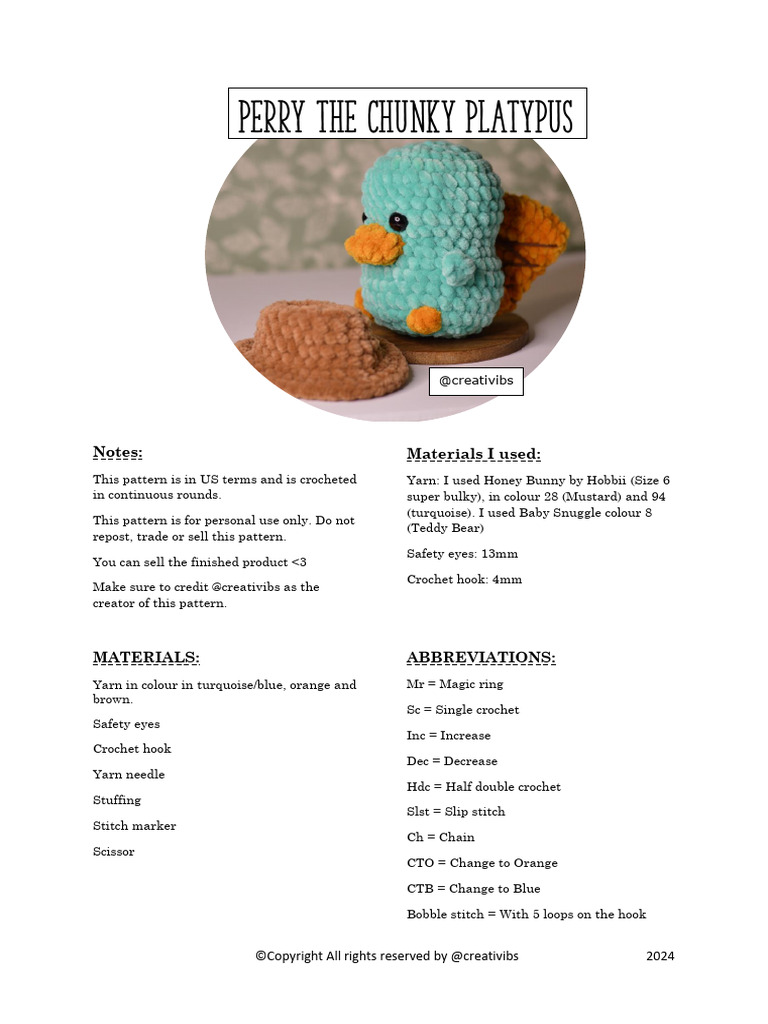 Perry The Chunky Platypus | PDF | Textiles | Textile Arts