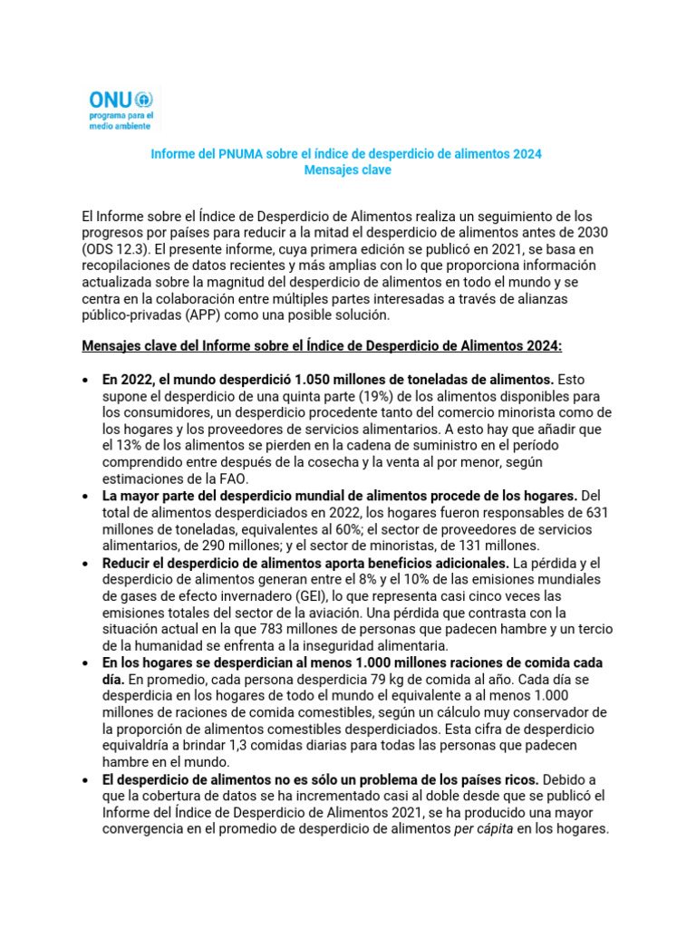 Informe PNUMA: Desperdicio de Alimentos 2024 | PDF | Alimentos ...