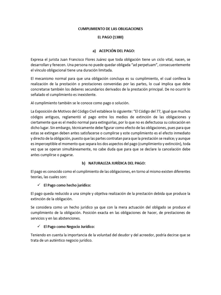 Cumplimiento y Naturaleza del Pago en Obligaciones | PDF | Pagos ...