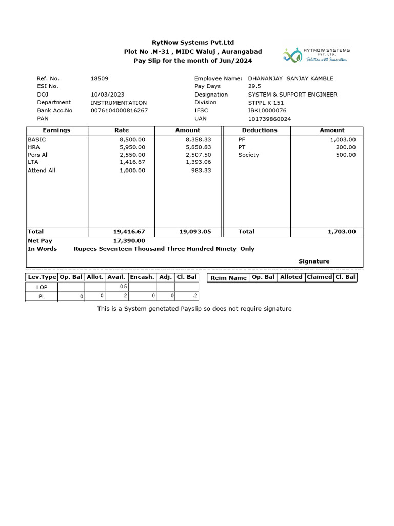 June 2024 Pay Slip for Engineer | PDF