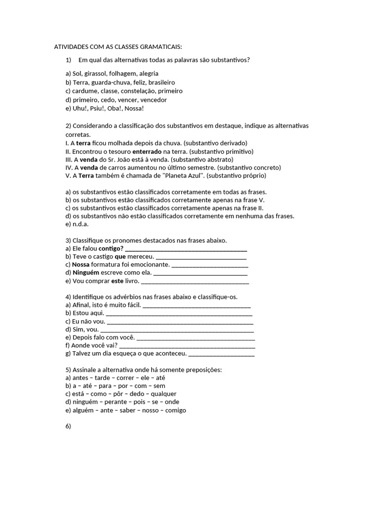Atividades sobre Classes Gramaticais | PDF