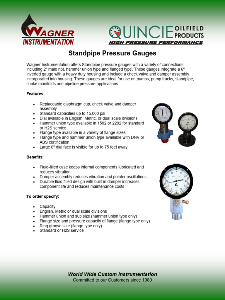 Standpipe Pressure Gauges by Wagner | PDF