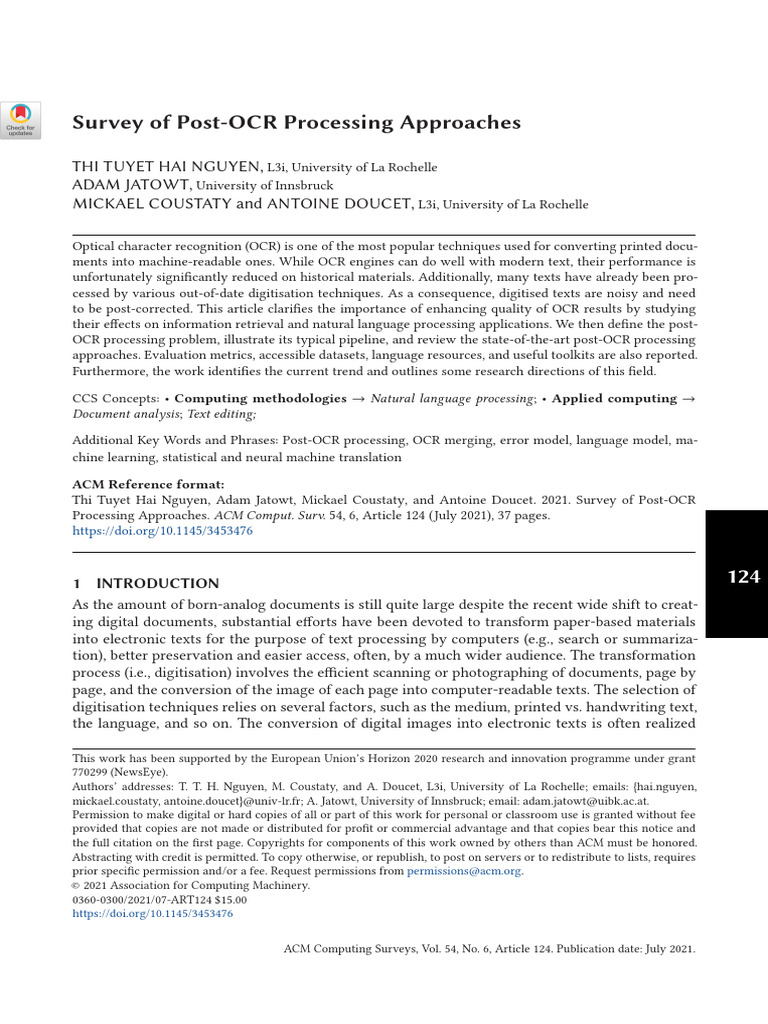 Survey of Post-OCR Processing Approaches | PDF | Optical Character ...