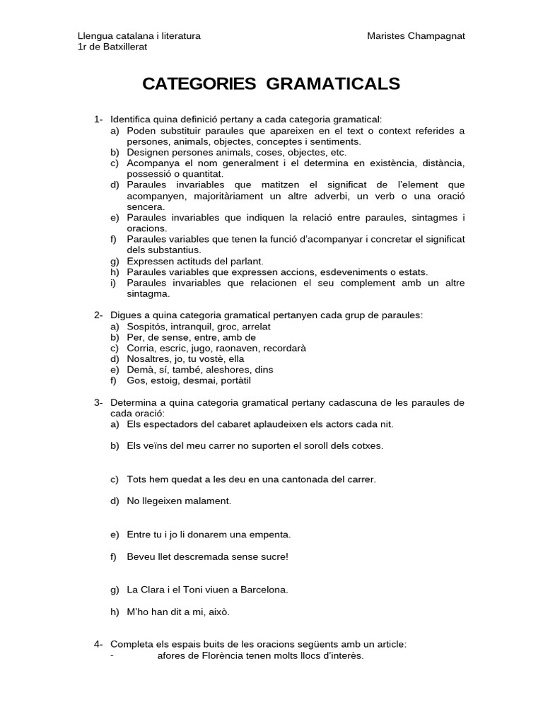 Exercicis Categories Gramaticals | PDF