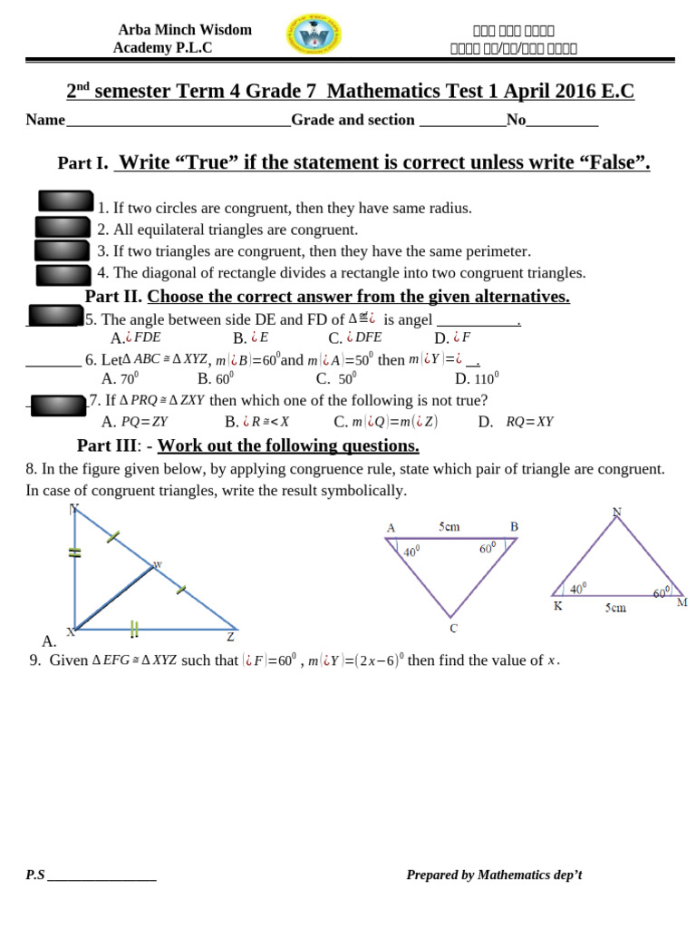 Grade 5 3 & 7 Test 1 Term 4 | PDF