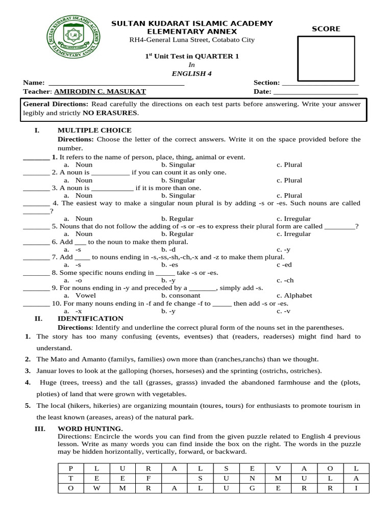 English 4 Unit Test: Nouns & Plurals | PDF | Grammatical Number | Plural