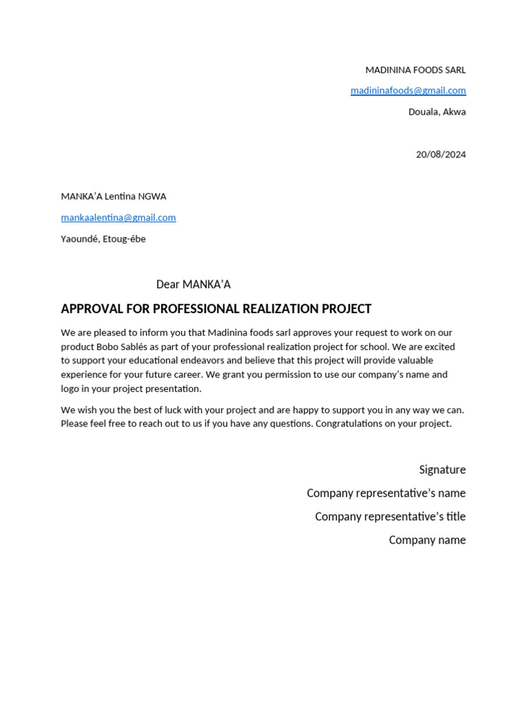 Approval For Profesional Realization Project | PDF
