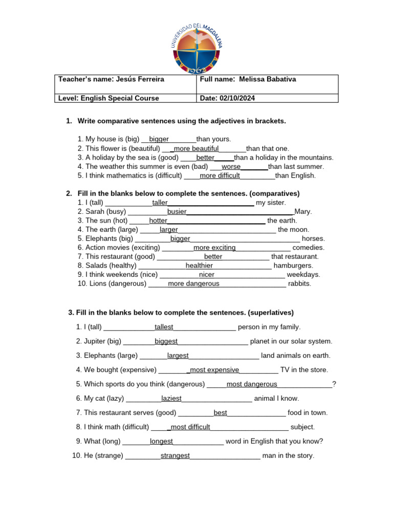 Comparative and Superlative Exercises | PDF | Solar System | Planetary ...