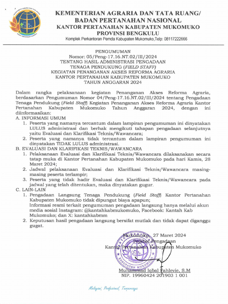 Pengumuman hasil administrasi field staff 2024 pdf