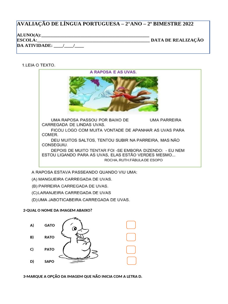Avaliação de Língua Portuguesa 2º Ano | PDF