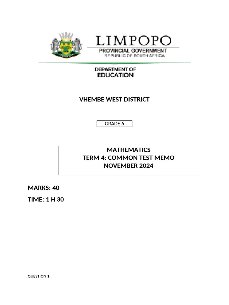 Maths GR 6 Term 4 Test Memo | PDF