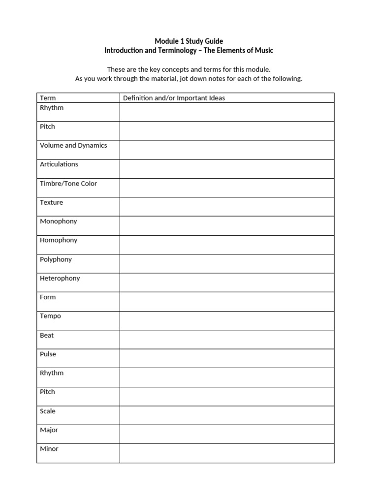 Mus 1 module 1 study guide introduction and terminology the