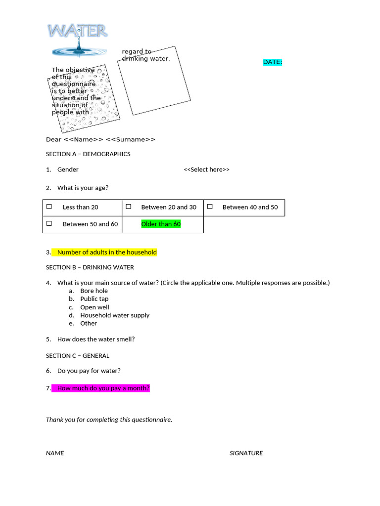 Drinking Water Survey Questionnaire | PDF | Social Science