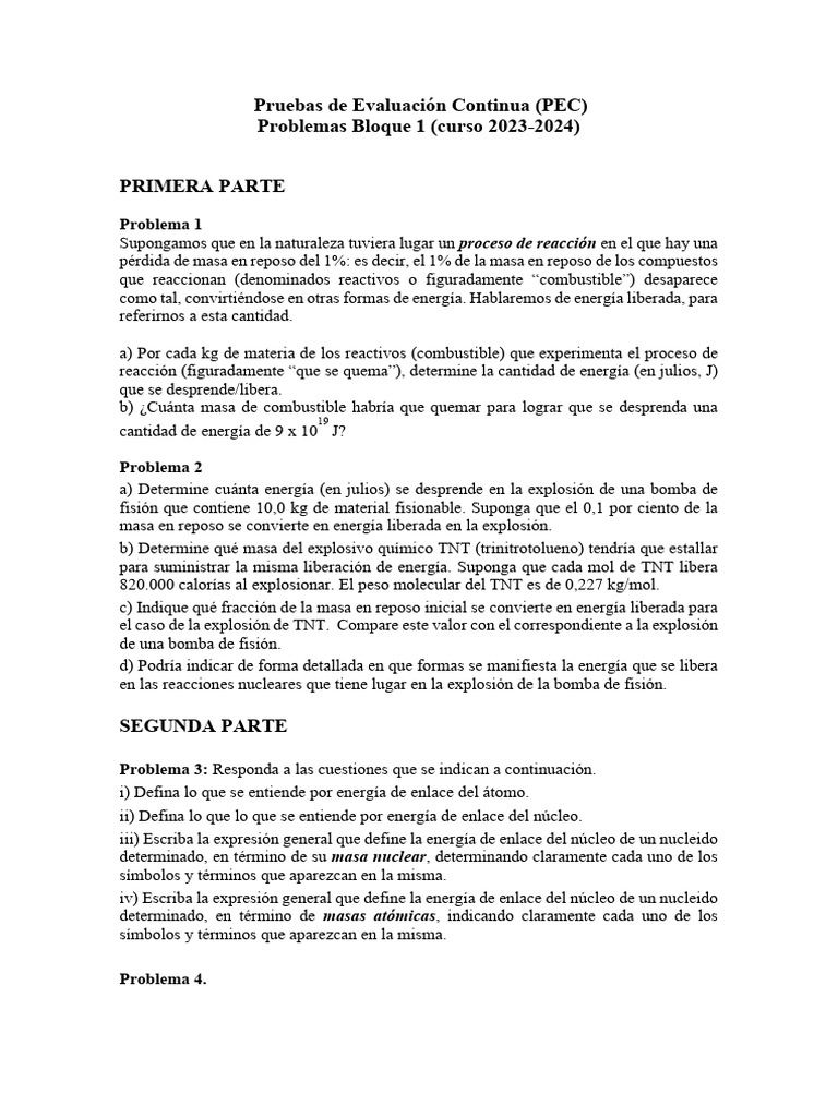 FCyTN PEC Bloque 1 2023 24 | PDF | Fisión nuclear | Reactor nuclear
