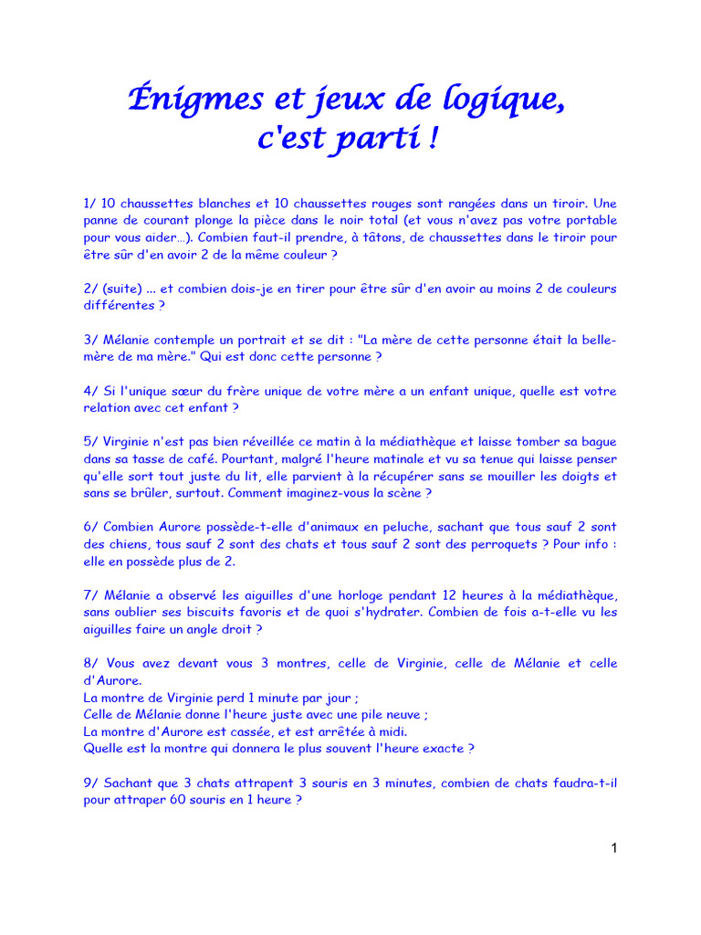 Énigmes logiques à résoudre en famille | PDF