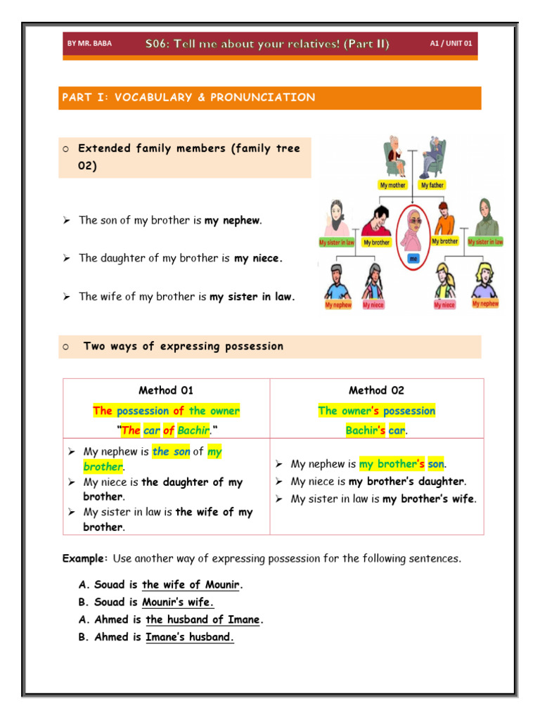Family Vocabulary Possession Guide Pdf