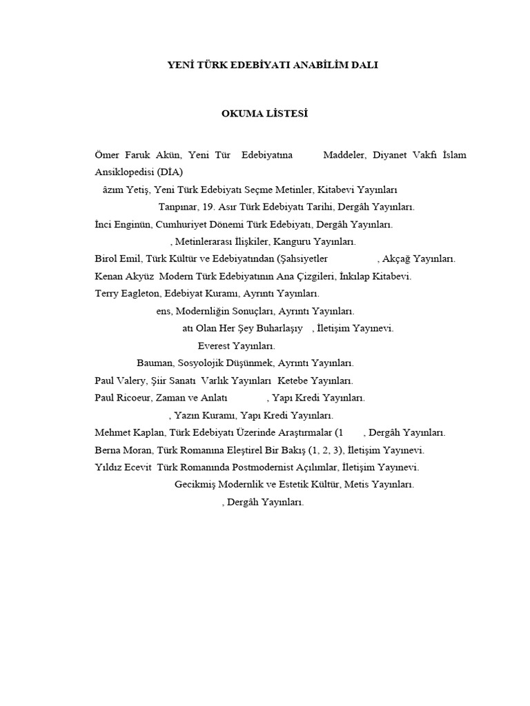 İÜ EDEBİYAT Okuma Listesi PDF