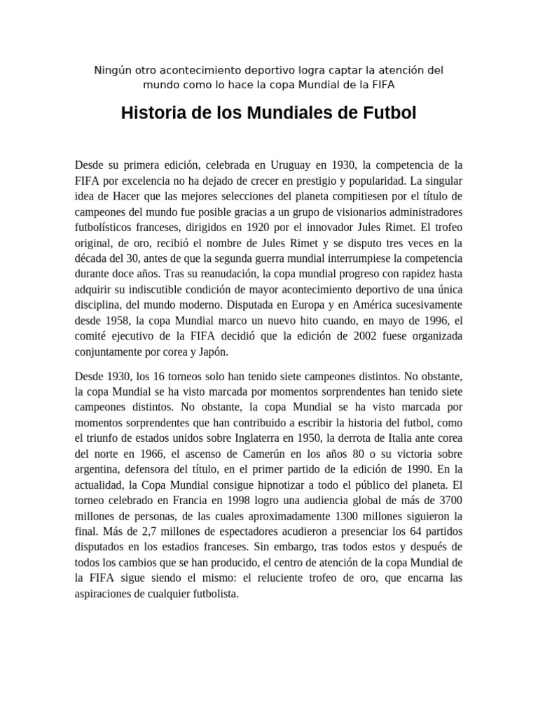 Historia de la Copa Mundial de Fútbol | PDF | FIFA Copa del Mundo ...